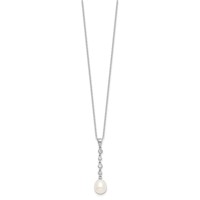 Sterling Silver Rhodium-plated 8-9mm White Teardrop Freshwater Cultured Pearl and CZ Necklace and Post Dangle Earrings Set, 17" view 5