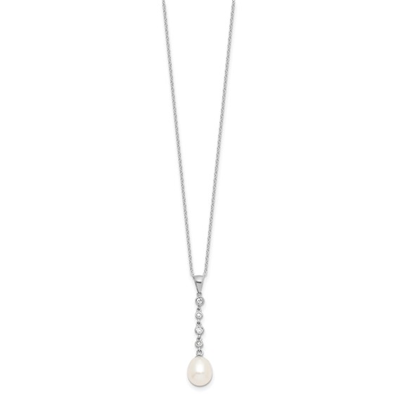 Sterling Silver Rhodium-plated 8-9mm White Teardrop Freshwater Cultured Pearl and CZ 17 inch Necklace and Post Dangle Earrings Set
