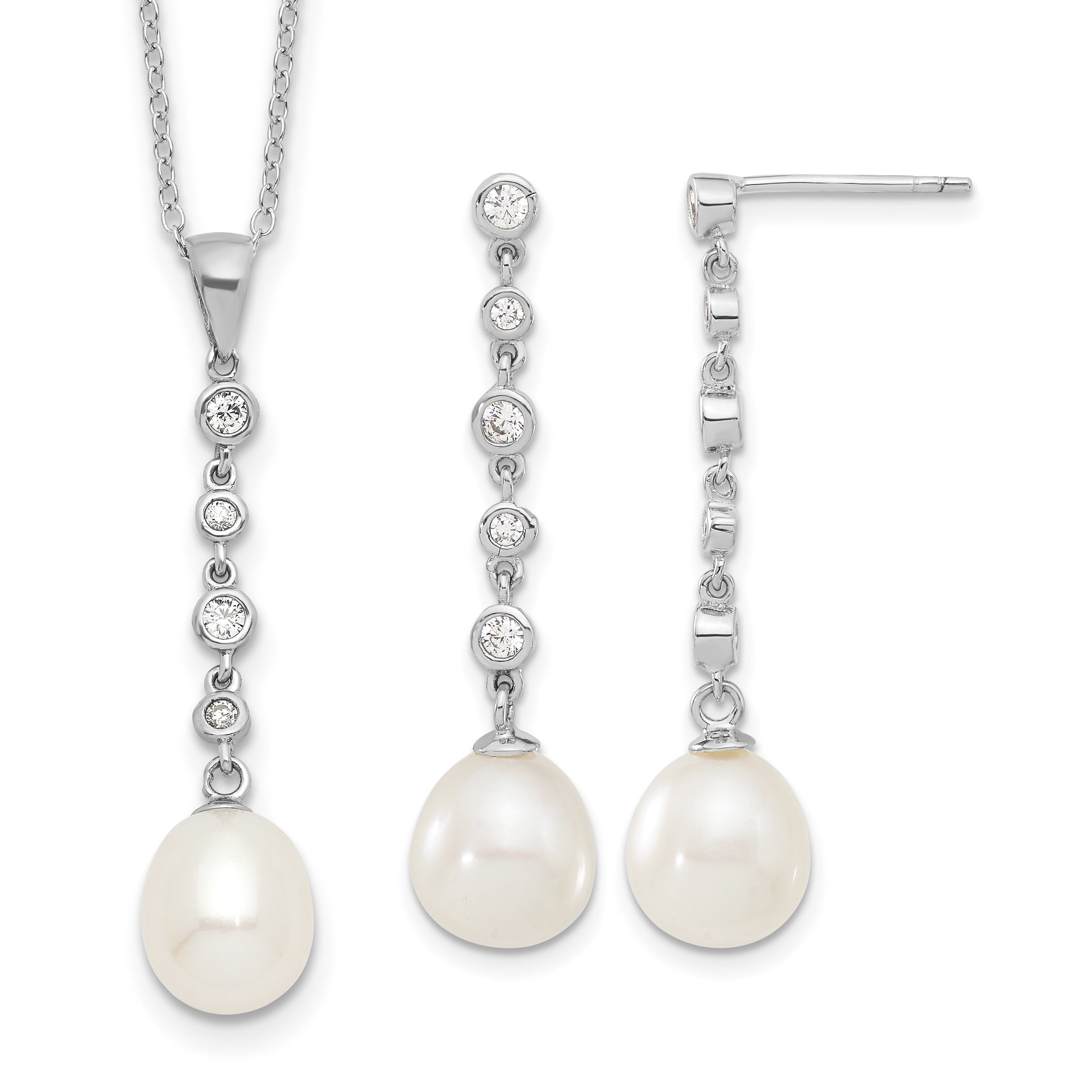 Sterling Silver Rhodium-plated 8-9mm White Teardrop Freshwater Cultured Pearl and CZ 17 inch Necklace and Post Dangle Earrings Set (QH5387SET)