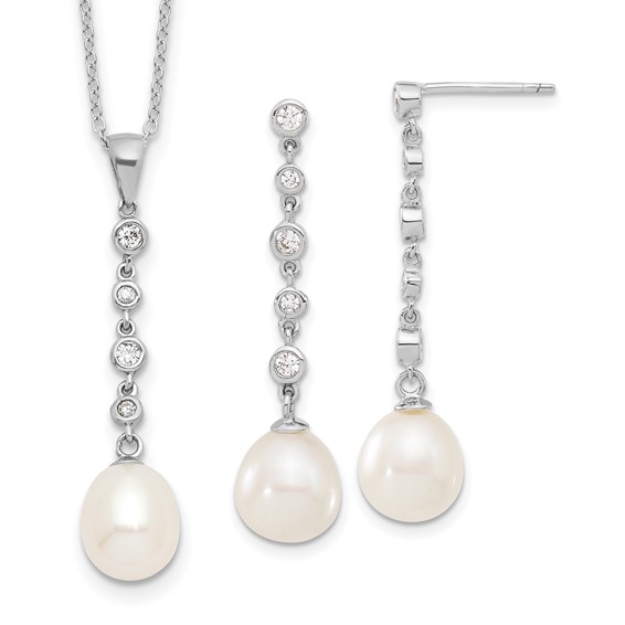 Sterling Silver Rhodium-plated 8-9mm White Teardrop Freshwater Cultured Pearl and CZ 17 inch Necklace and Post Dangle Earrings Set