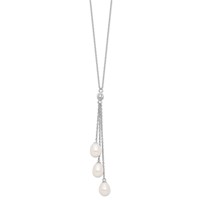Sterling Silver Rhodium-plated 7-8mm White Teardrop Freshwater Cultured Pearl and CZ Drop Y-Necklace, 18" view 2