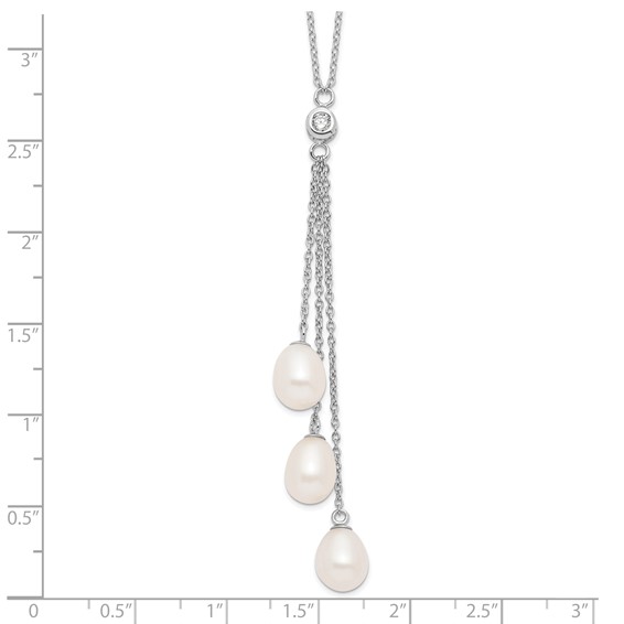 Sterling Silver Rhodium-plated 7-8mm White Teardrop Freshwater Cultured Pearl and CZ Drop 18 inch Necklace