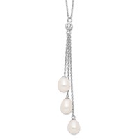 Sterling Silver Rhodium-plated 7-8mm White Teardrop Freshwater Cultured Pearl and CZ Drop Y-Necklace, 18" view 1