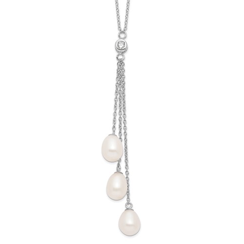 Sterling Silver Rhodium-plated 7-8mm White Teardrop Freshwater Cultured Pearl and CZ Drop Y-Necklace, 18"