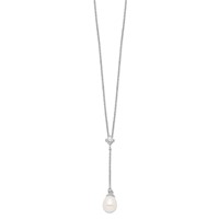 Sterling Silver Rhodium-plated 8-9mm White Teardrop Freshwater Cultured Pearl and CZ Drop Y-Necklace, 18" view 2