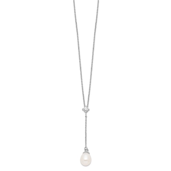 Sterling Silver Rhodium-plated 8-9mm White Teardrop Freshwater Cultured Pearl and CZ Drop 18 inch Necklace