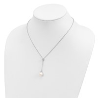 Sterling Silver Rhodium-plated 8-9mm White Teardrop Freshwater Cultured Pearl and CZ Drop Y-Necklace, 18" view 3