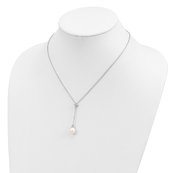 Sterling Silver Rhodium-plated 8-9mm White Teardrop Freshwater Cultured Pearl and CZ Drop 18 inch Necklace