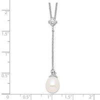 Sterling Silver Rhodium-plated 8-9mm White Teardrop Freshwater Cultured Pearl and CZ Drop Y-Necklace, 18" view 4