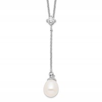 Sterling Silver Rhodium-plated 8-9mm White Teardrop Freshwater Cultured Pearl and CZ Drop Y-Necklace, 18" view 1