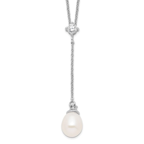 Sterling Silver Rhodium-plated 8-9mm White Teardrop Freshwater Cultured Pearl and CZ Drop Y-Necklace, 18"