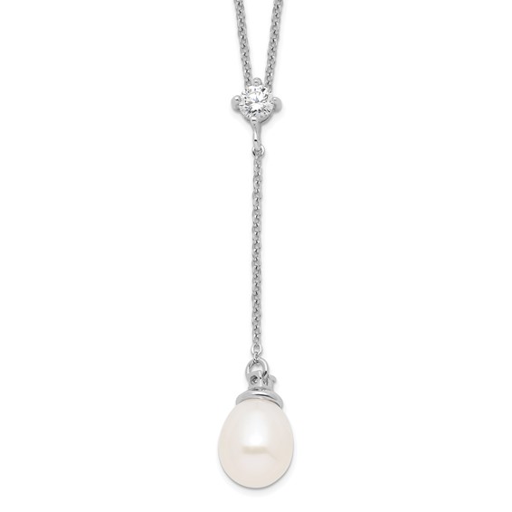 Sterling Silver Rhodium-plated 8-9mm White Teardrop Freshwater Cultured Pearl and CZ Drop 18 inch Necklace
