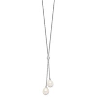 Sterling Silver Rhodium-plated 8-9mm White Rice Freshwater Cultured Pearl and CZ Dangle Y-Necklace, 18" view 2
