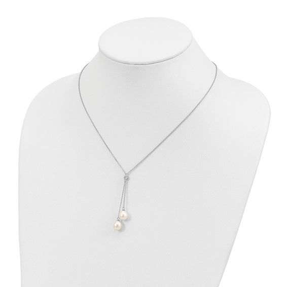 Sterling Silver Rhodium-plated 8-9mm White Rice Freshwater Cultured Pearl and CZ Dangle 18 inch Necklace