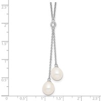 Sterling Silver Rhodium-plated 8-9mm White Rice Freshwater Cultured Pearl and CZ Dangle Y-Necklace, 18" view 4