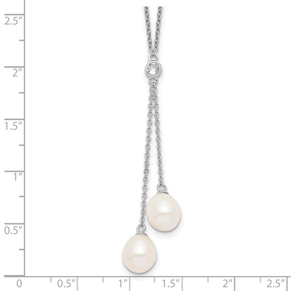 Sterling Silver Rhodium-plated 8-9mm White Rice Freshwater Cultured Pearl and CZ Dangle 18 inch Necklace