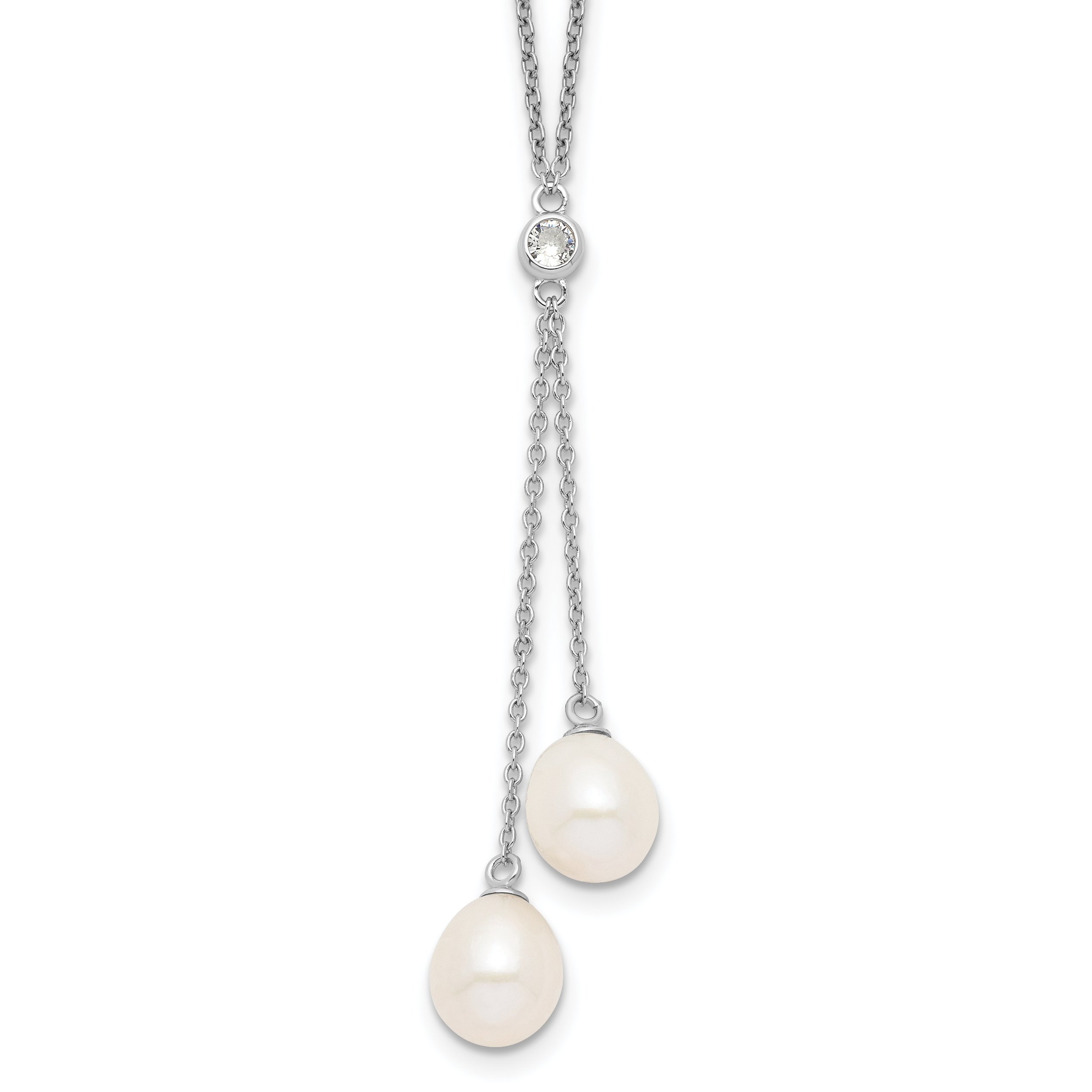 Sterling Silver Rhodium-plated 8-9mm White Rice Freshwater Cultured Pearl and CZ Dangle 18 inch Necklace (QH5390-18)