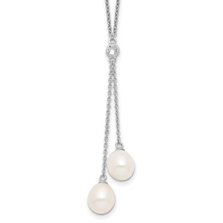 Sterling Silver Rhodium-plated 8-9mm White Rice Freshwater Cultured Pearl and CZ Dangle 18 inch Necklace