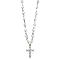 Sterling Silver Rhodium-plated 4-5mm White Near-Round Freshwater Cultured Pearl and CZ Cross Necklace, 21" view 2