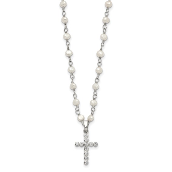 Sterling Silver Rhodium-plated 4-5mm White Near-Round Freshwater Cultured Pearl and CZ Cross 21 inch Necklace
