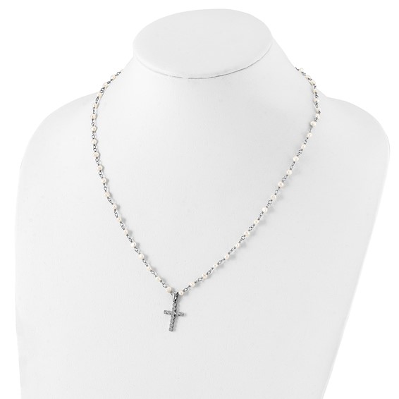 Sterling Silver Rhodium-plated 4-5mm White Near-Round Freshwater Cultured Pearl and CZ Cross 21 inch Necklace