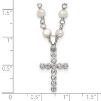 Sterling Silver Rhodium-plated 4-5mm White Near-Round Freshwater Cultured Pearl and CZ Cross Necklace, 21" view 3