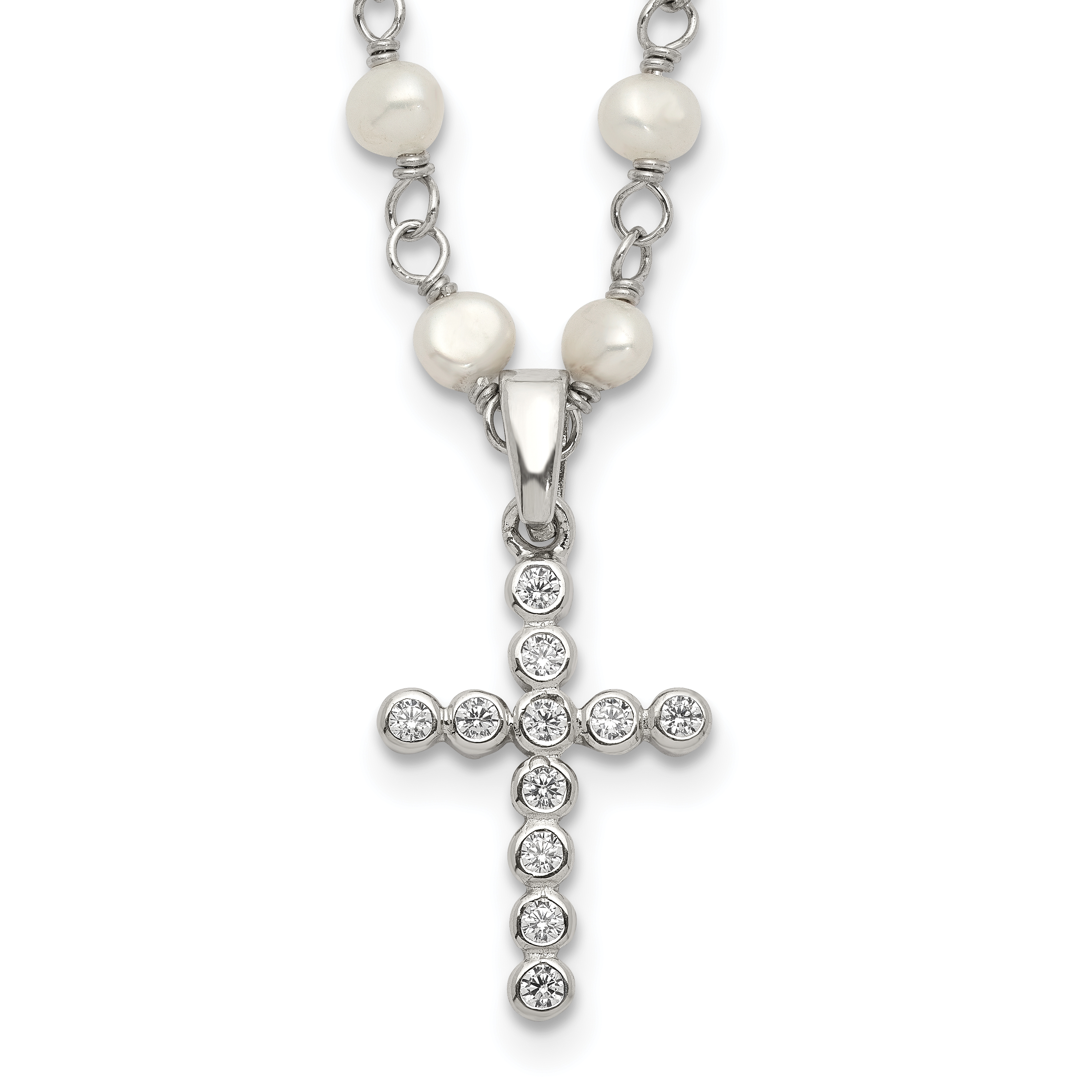 Sterling Silver Rhodium-plated 4-5mm White Near-Round Freshwater Cultured Pearl and CZ Cross 21 inch Necklace (QH5392-21)