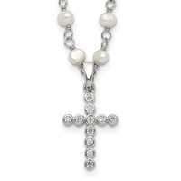Sterling Silver Rhodium-plated 4-5mm White Near-Round Freshwater Cultured Pearl and CZ Cross Necklace, 21" view 1