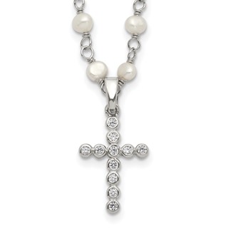 Sterling Silver Rhodium-plated 4-5mm White Near-Round Freshwater Cultured Pearl and CZ Cross 21 inch Necklace