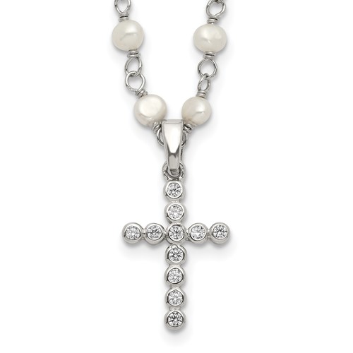 Sterling Silver Rhodium-plated 4-5mm White Near-Round Freshwater Cultured Pearl and CZ Cross Necklace, 21"