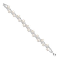 Sterling Silver Rhodium-plated 7-9mm White Semi-Round Freshwater Cultured Pearl and Glass Beaded Multi-strand Bracelet, 7.5" view 2