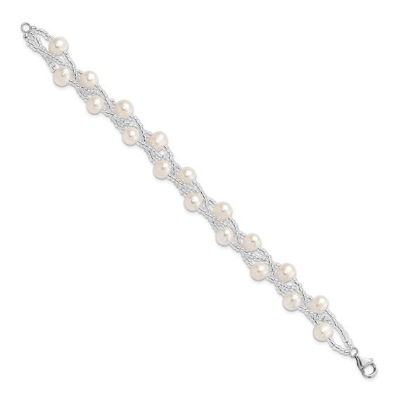 Sterling Silver Rhodium-plated 7-9mm White Semi-Round Freshwater Cultured Pearl and Glass Beaded Multi-strand 7.5 inch Bracelet