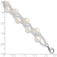 Sterling Silver Rhodium-plated 7-9mm White Semi-Round Freshwater Cultured Pearl and Glass Beaded Multi-strand Bracelet, 7.5" view 3