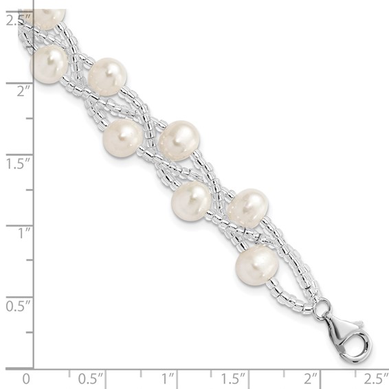Sterling Silver Rhodium-plated 7-9mm White Semi-Round Freshwater Cultured Pearl and Glass Beaded Multi-strand 7.5 inch Bracelet