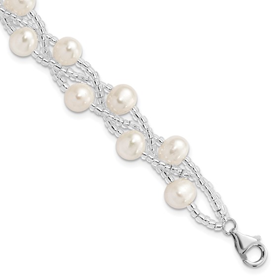 Sterling Silver Rhodium-plated 7-9mm White Semi-Round Freshwater Cultured Pearl and Glass Beaded Multi-strand 7.5 inch Bracelet