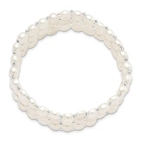 6-7mm White Button Freshwater Cultured Pearl and Glass Beaded 3-row Stretch Bracelet view 2