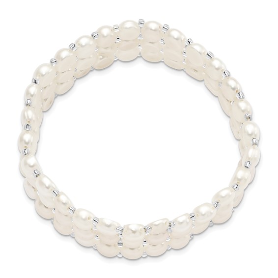 6-7mm White Button Freshwater Cultured Pearl and Glass Beaded 3-row Stretch Bracelet