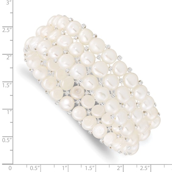 6-7mm White Button Freshwater Cultured Pearl and Glass Beaded 3-row Stretch Bracelet