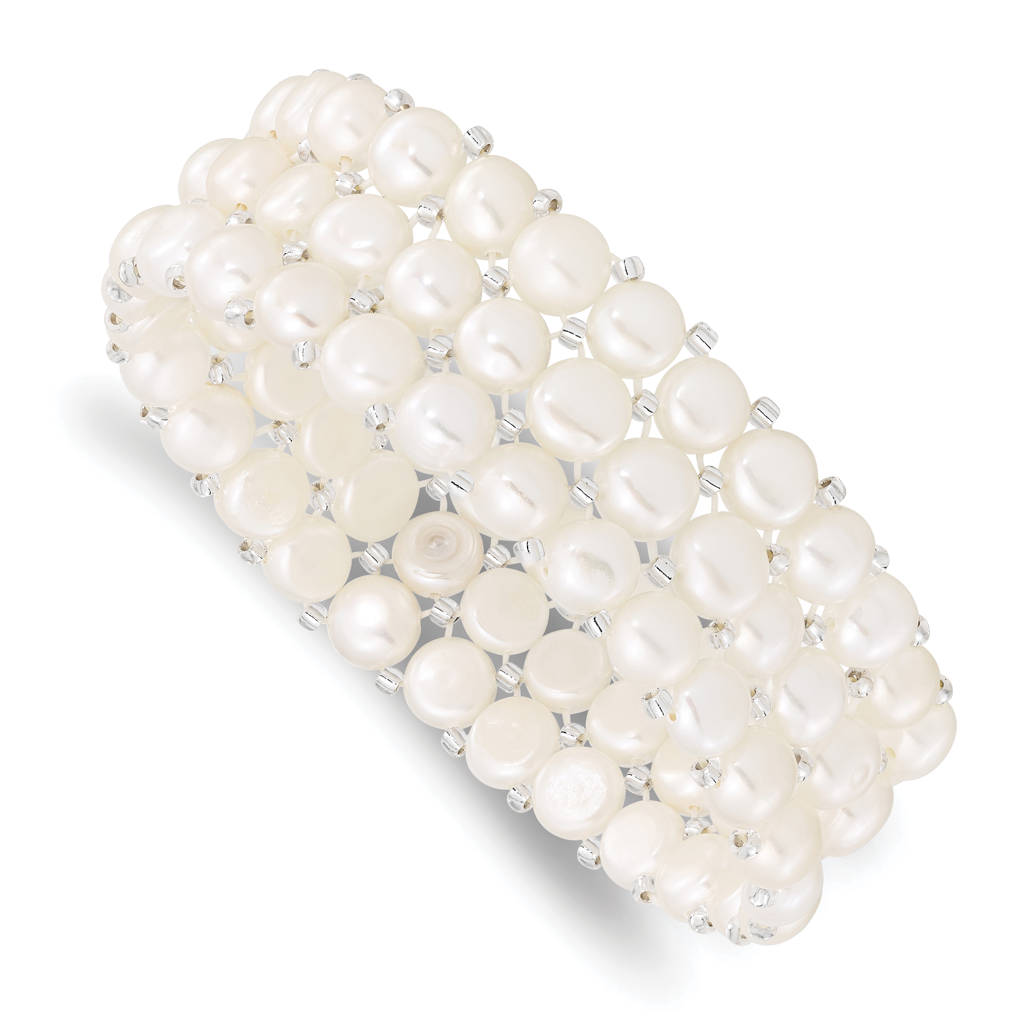 6-7mm White Button Freshwater Cultured Pearl and Glass Beaded 3-row Stretch Bracelet (QH5396)