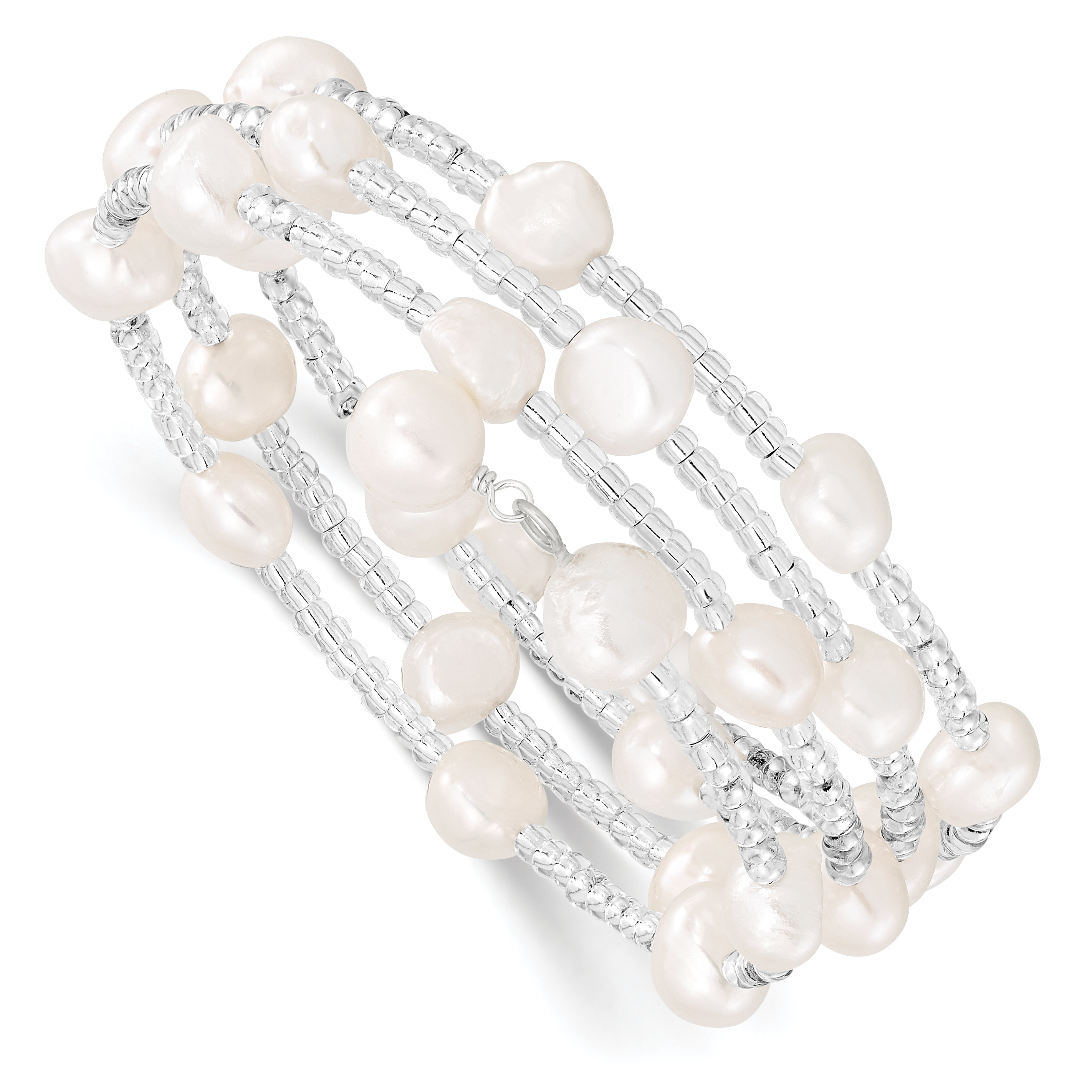 7-8mm White Baroque Freshwater Cultured Pearl and Glass Beaded Wrap Bracelet (QH5397)