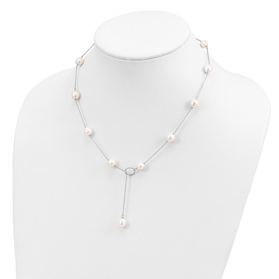 Sterling Silver Rhodium-plated 7-8mm White Teardrop Freshwater Cultured Pearl 13-Station Adjustable Drop Toggle 19 inch Necklace