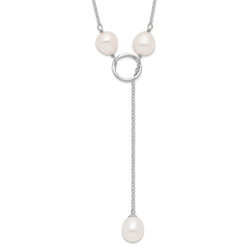 Sterling Silver Rhodium-plated 7-8mm White Teardrop Freshwater Cultured Pearl 13-Station Adjustable Drop Toggle Necklace, 19"