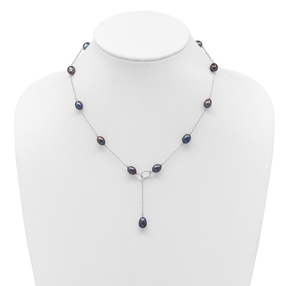 Sterling Silver Rhodium-plated 7-8mm Black Teardrop Freshwater Cultured Pearl 13-Station Adjustable Drop Toggle 19 inch Necklace