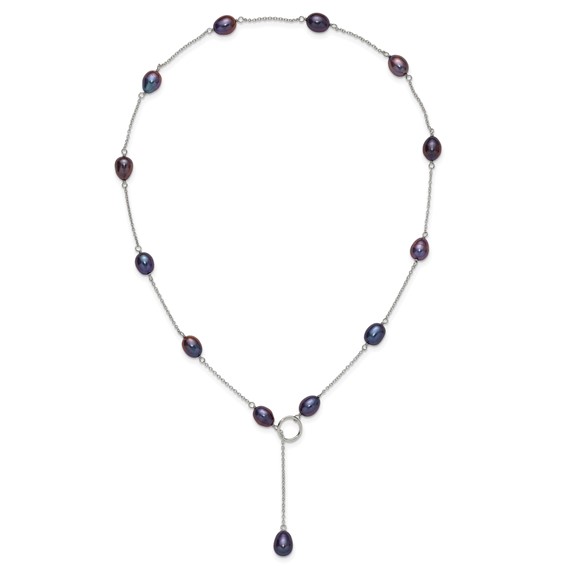 Sterling Silver Rhodium-plated 7-8mm Black Teardrop Freshwater Cultured Pearl 13-Station Adjustable Drop Toggle 19 inch Necklace