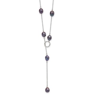 Sterling Silver Rhodium-plated 7-8mm Black Teardrop Freshwater Cultured Pearl 13-Station Adjustable Drop Toggle 19 inch Necklace