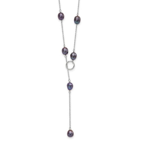 Sterling Silver Rhodium-plated 7-8mm Black Teardrop Freshwater Cultured Pearl 13-Station Adjustable Drop Toggle 19 inch Necklace