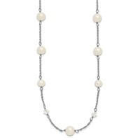 Sterling Silver Rhodium-plated 6-10mm White Near-Round Freshwater Cultured Pearl and Glass 5-Station Necklace with 2.5 Inch Extension, 17.5" view 2