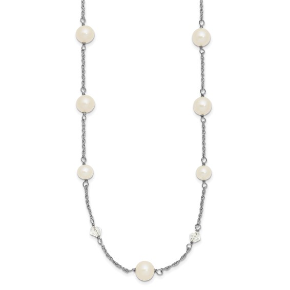 Sterling Silver Rhodium-plated 6-10mm White Near-Round Freshwater Cultured Pearl and Glass 5-Station 17.5 inch with 2.5 inch Extension Necklace