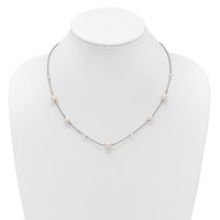 Sterling Silver Rhodium-plated 6-10mm White Near-Round Freshwater Cultured Pearl and Glass 5-Station Necklace with 2.5 Inch Extension, 17.5" view 3