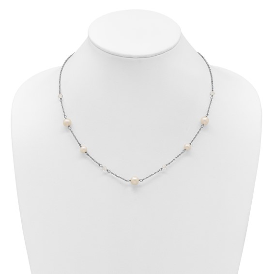 Sterling Silver Rhodium-plated 6-10mm White Near-Round Freshwater Cultured Pearl and Glass 5-Station 17.5 inch with 2.5 inch Extension Necklace